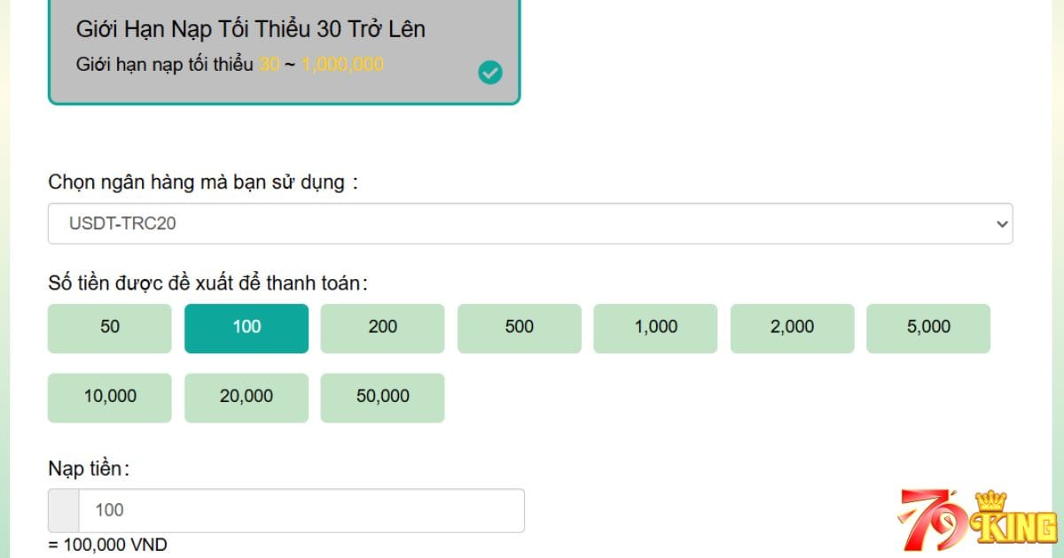 Nạp tiền 79KING qua USDT